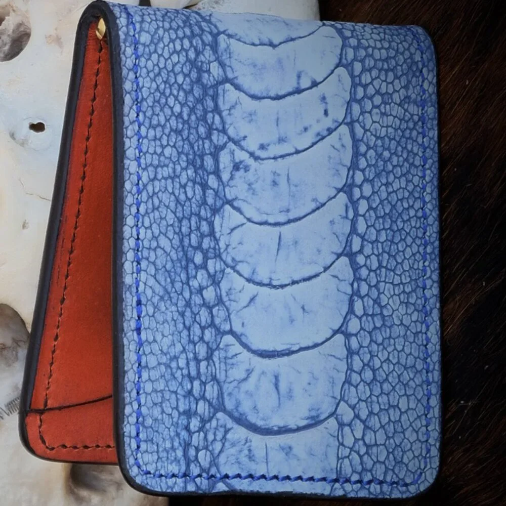 Denim Blue Ostrich Leg Billfold Wallet with Money Clip Luxe Premium Gift